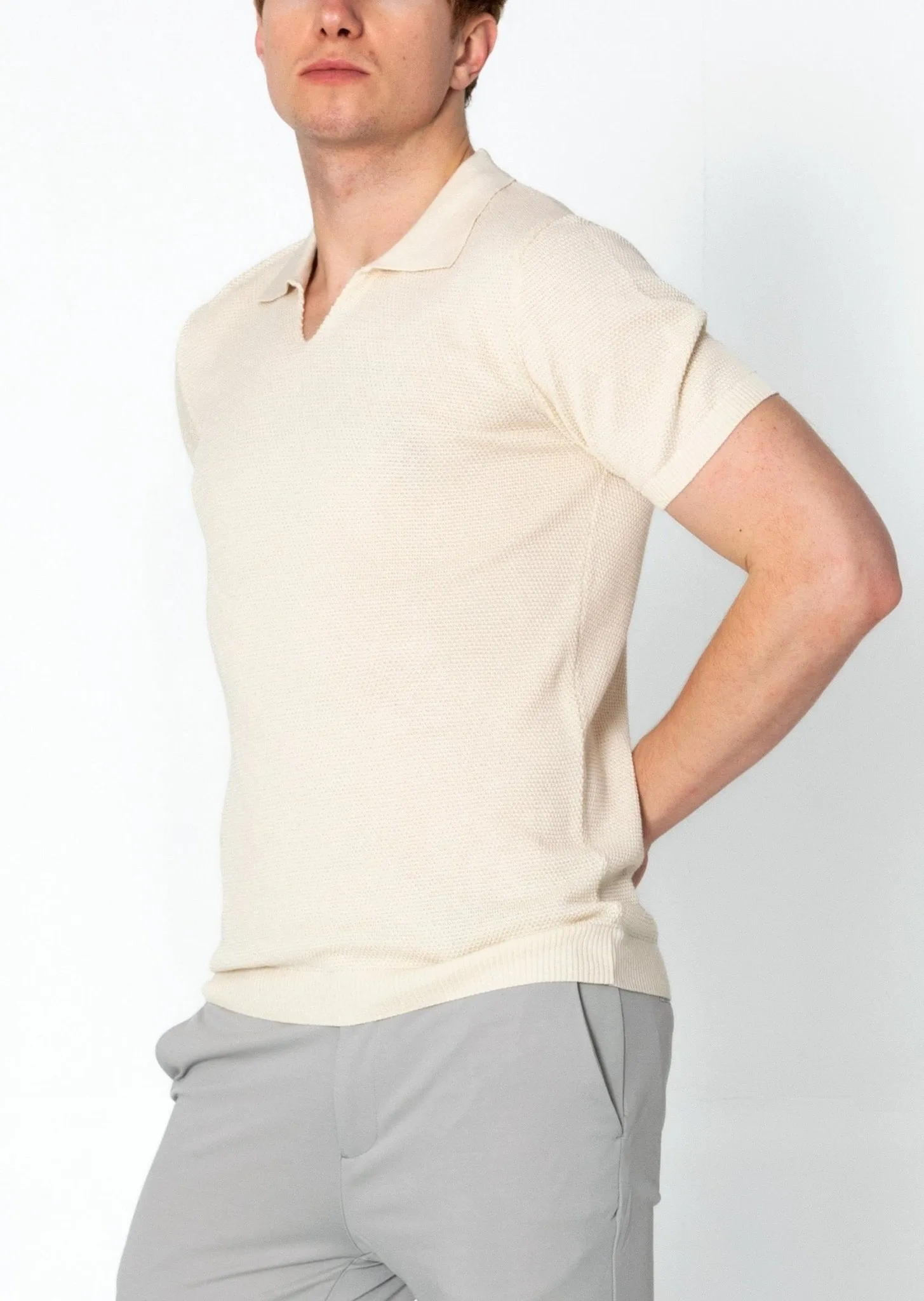 Jersey Knit V-neck Polo - Beige