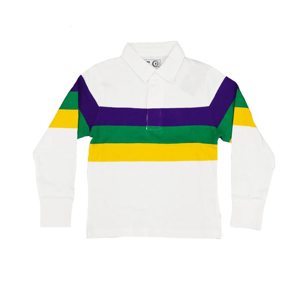 Kids Unisex 3 Panel Long Sleeve Mardi Gras Rugby Polo White