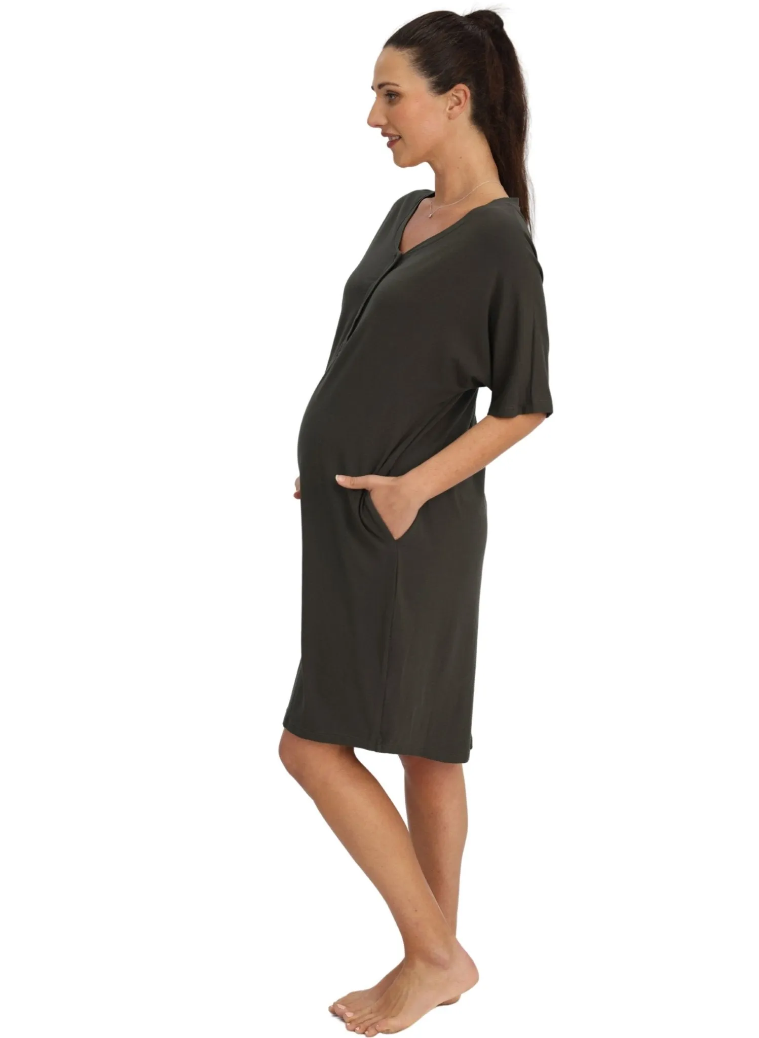 Maternity & Nursing Home Dress   Matching Baby Wrap - Khaki