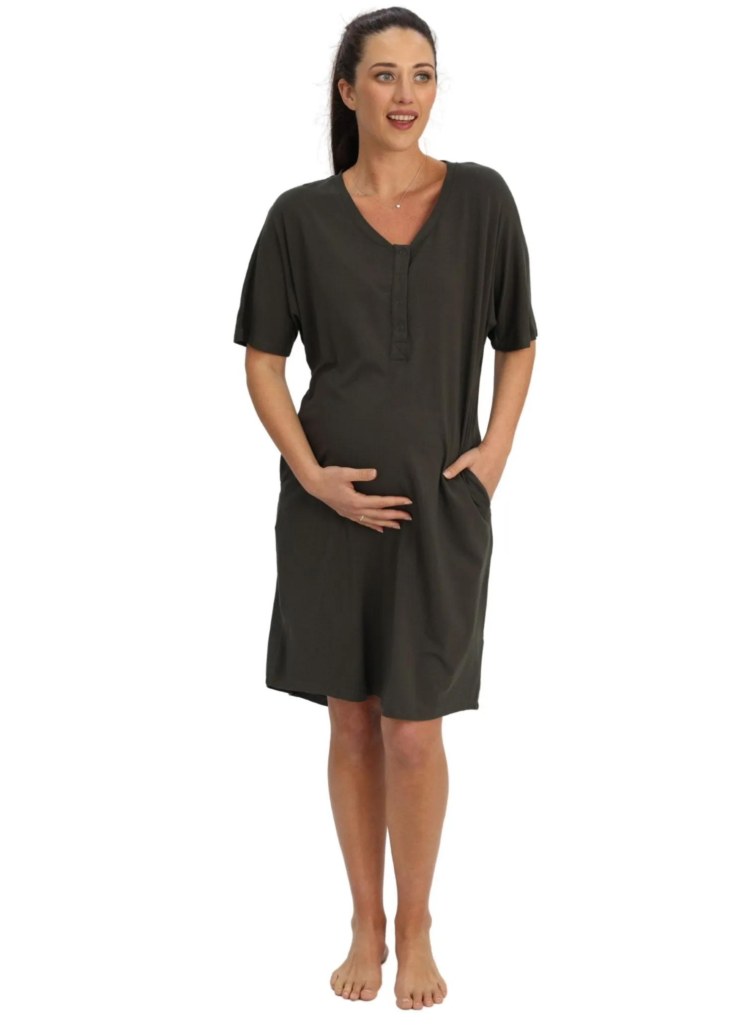 Maternity & Nursing Home Dress   Matching Baby Wrap - Khaki