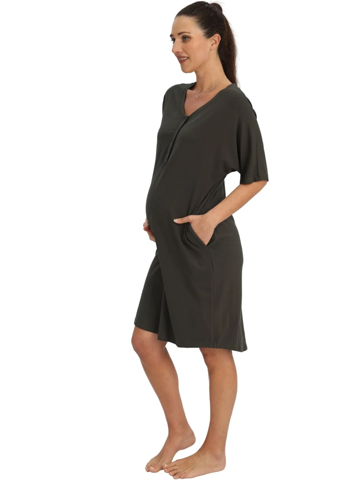 Maternity & Nursing Home Dress   Matching Baby Wrap - Khaki