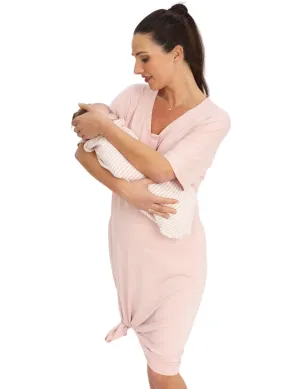 Maternity & Nursing Home Dress   Matching Baby Wrap (Knee Length) - Pink
