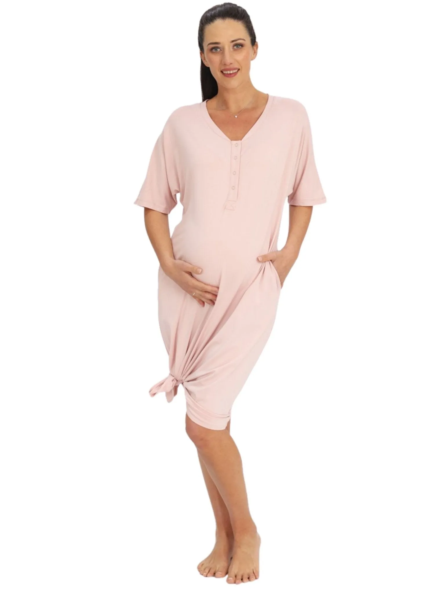 Maternity & Nursing Home Dress   Matching Baby Wrap (Knee Length) - Pink
