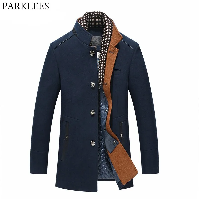 Mens Trench Long Wool Slim Fit Peacoat Double Collar Woolen Coat