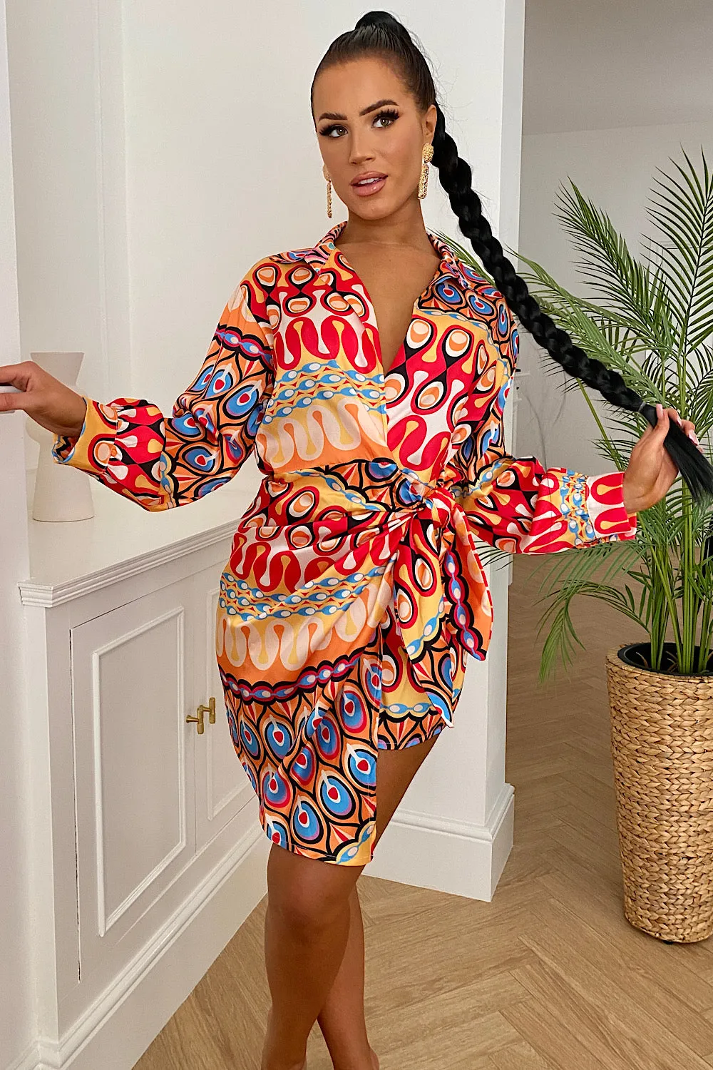 Orange Abstract Print Wrap Dress