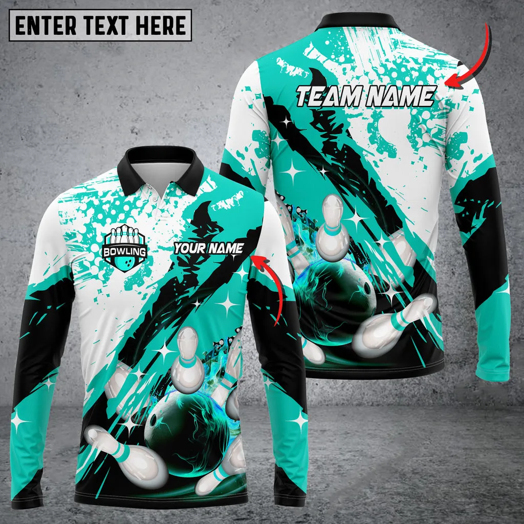Paint Slash Flame Bowling And Pins Multicolor Option Customized Name Long Sleeve 3D Shirt, Gift for Bowling Lovers