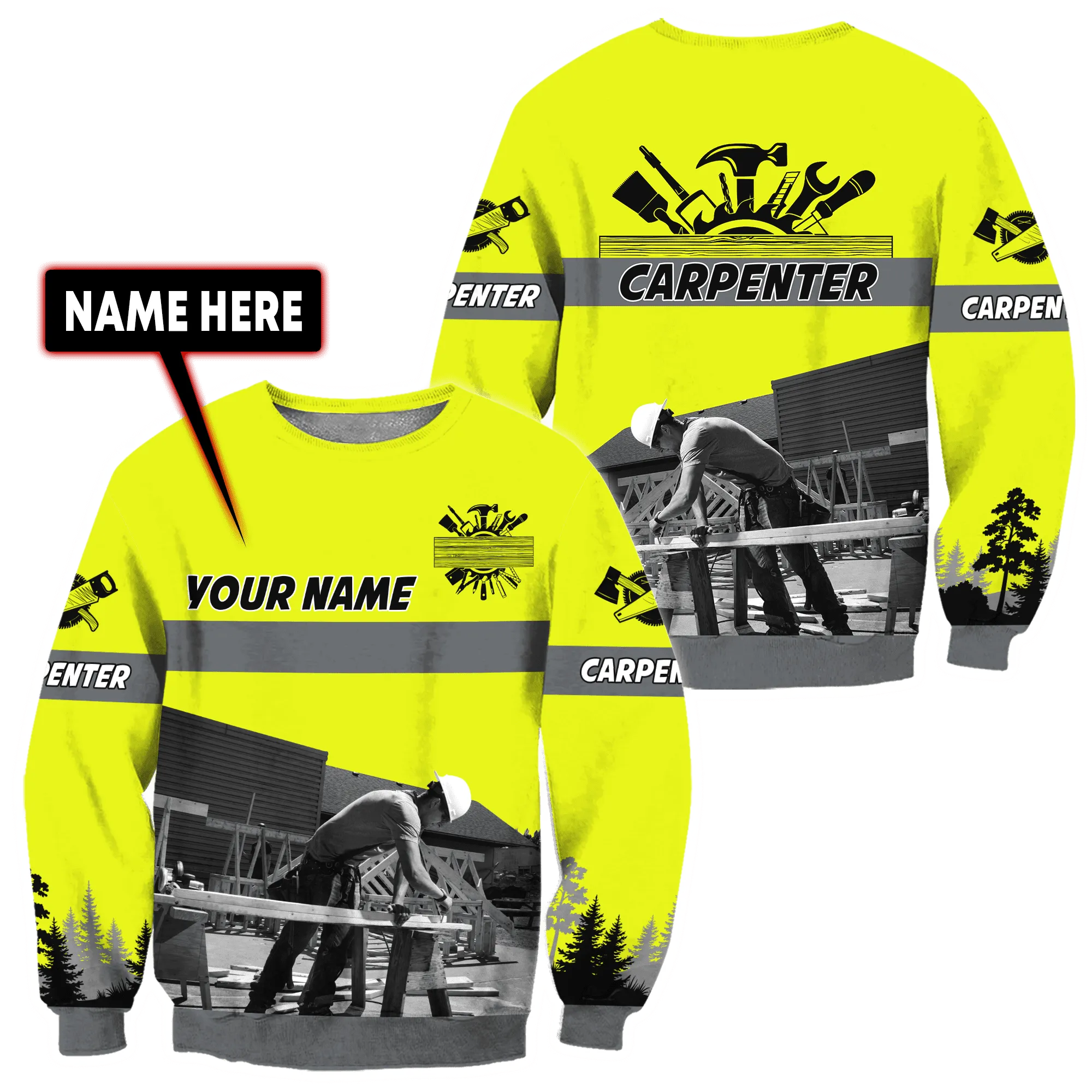 Personalized Name Yellow Carpenter Uniform 3D All Over Printed Unisex Shirts , Idea Gift for Carpenter