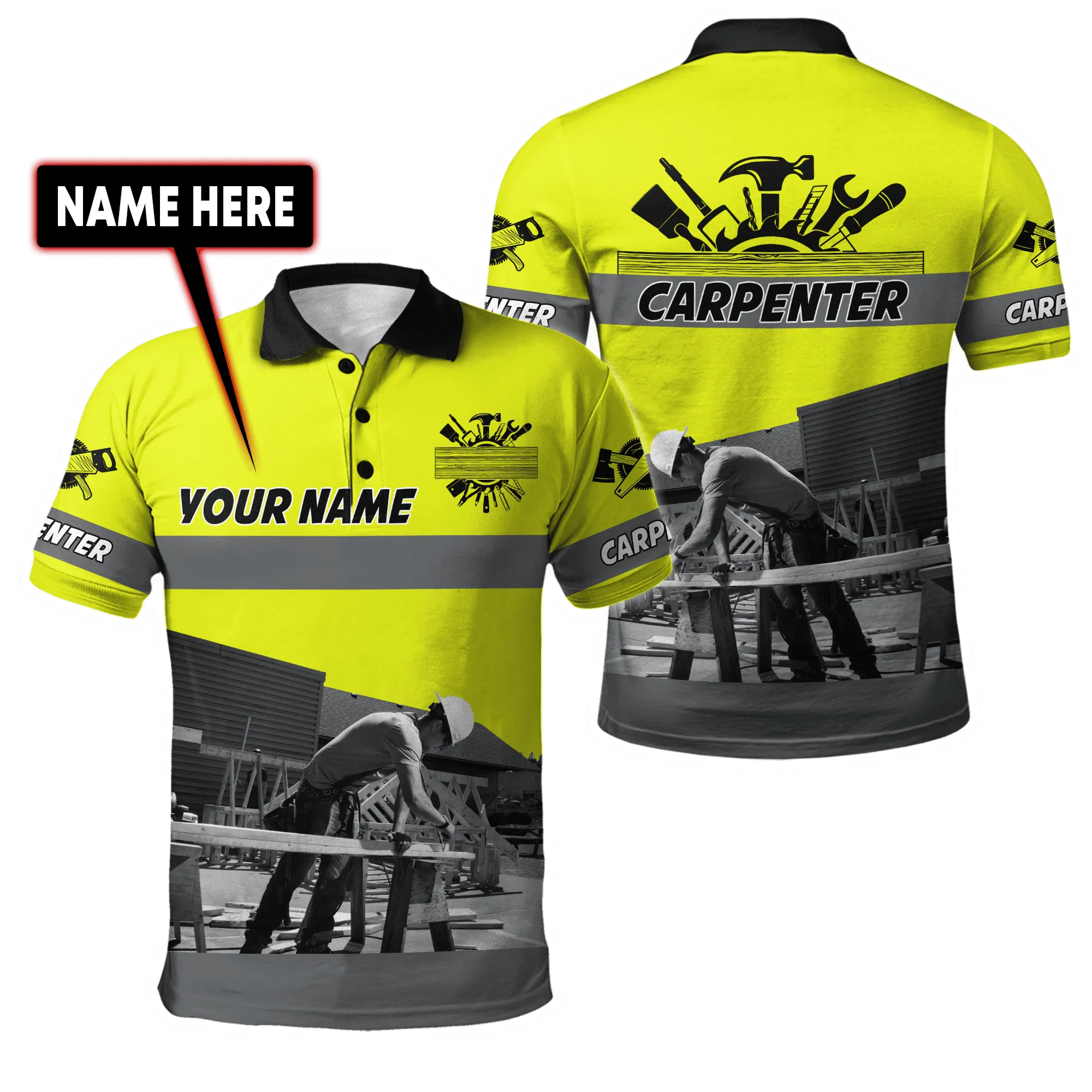 Personalized Name Yellow Carpenter Uniform 3D All Over Printed Unisex Shirts , Idea Gift for Carpenter