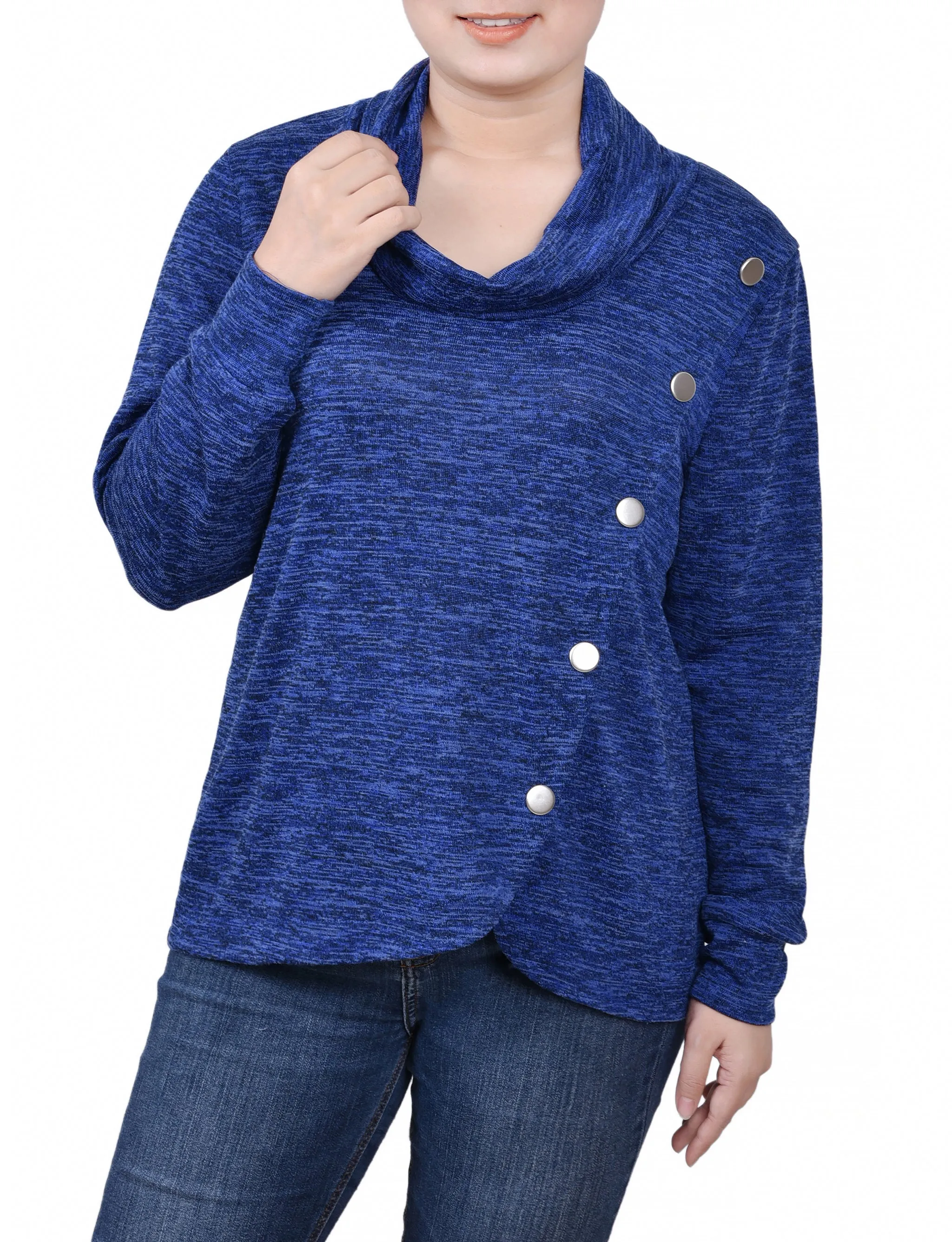Petite Long Sleeve Overlapping Cowl Neck Top
