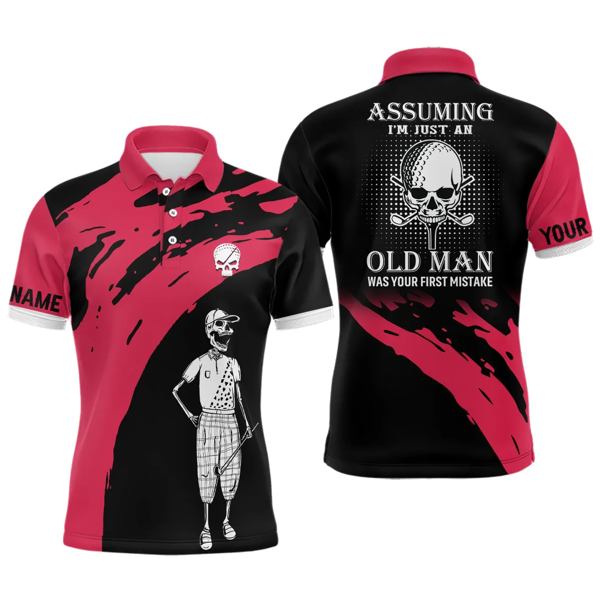 Red And Black Mens Skull Golf Polo Shirts Personalized Golf Polos For Men, Crazy Golf Gifts