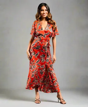 Red Floral Satin Wrap Midi