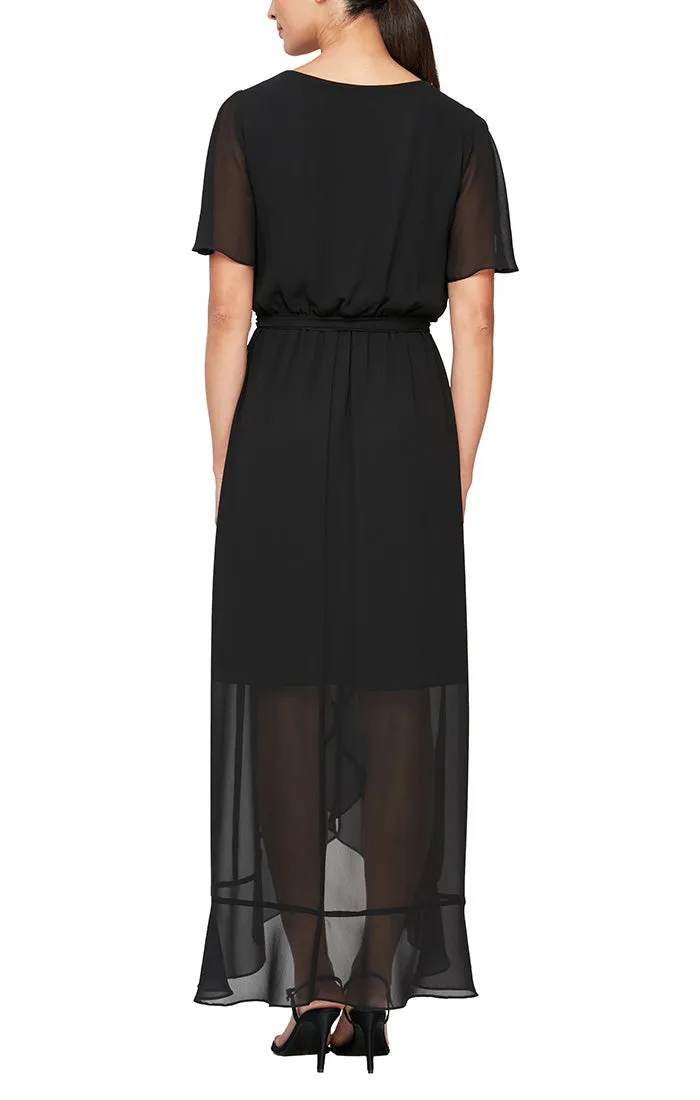 Regular - Chiffon Wrap Dress with Ruffle Hem & Belt