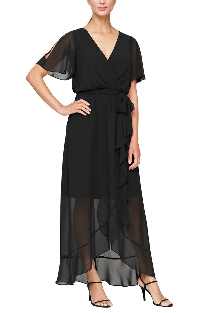 Regular - Chiffon Wrap Dress with Ruffle Hem & Belt