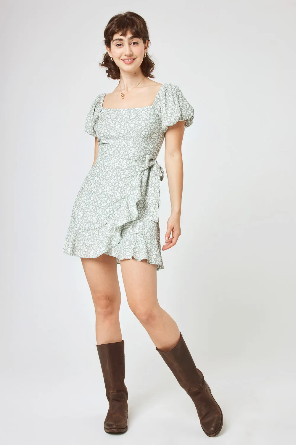Sage Floral Puff Sleeve Wrap Dress