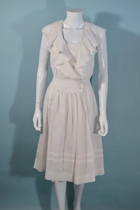 SOLD White Ruffle Neckline, Sleveless Wrap Dress   Sash Tie at Back 28" Waist