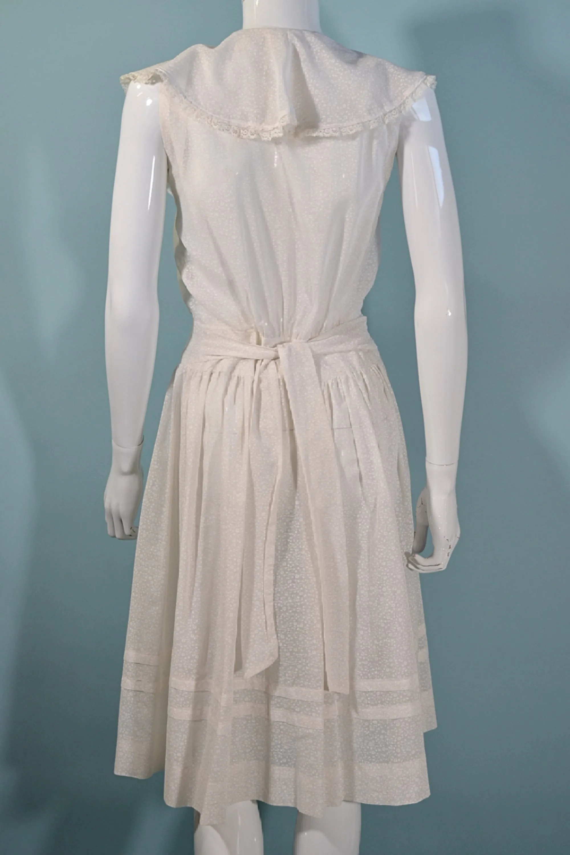 SOLD White Ruffle Neckline, Sleveless Wrap Dress   Sash Tie at Back 28" Waist