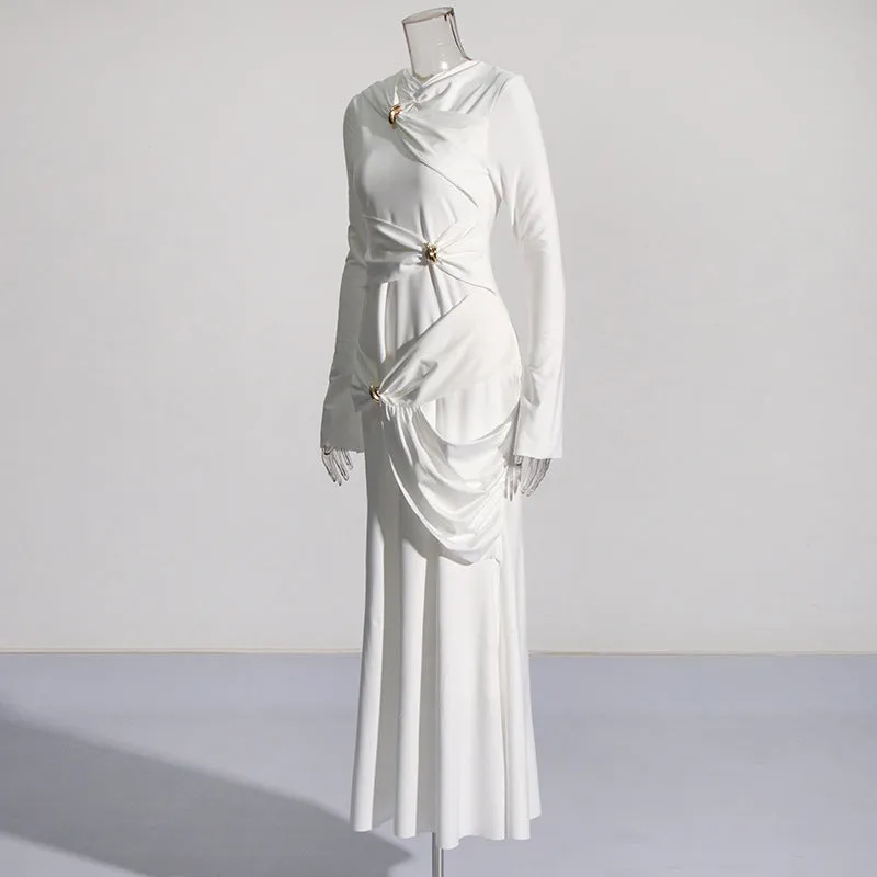 Style Socialite Gathering Dress 2024 Spring New round Neck Long Sleeve Slim Fit Pleated Long High Elastic Dress