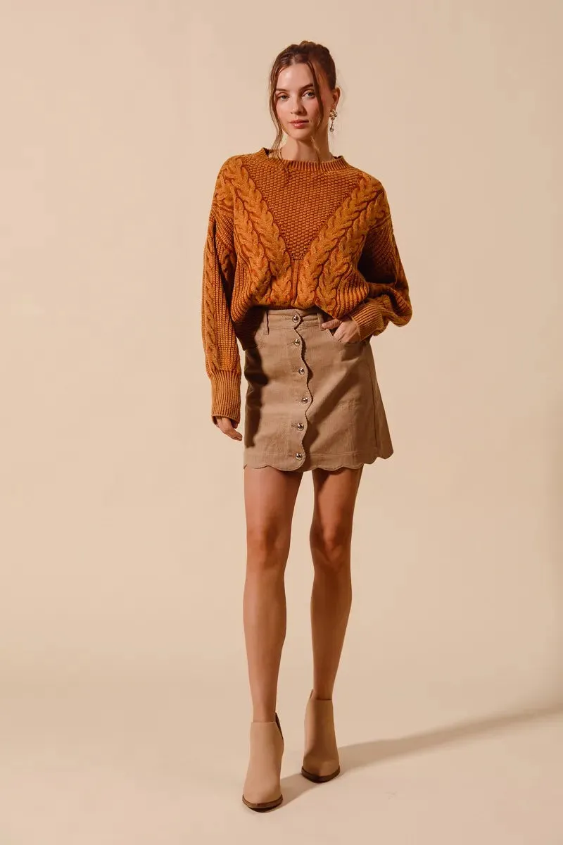 Taupe Scallop Buttoned Corduroy Mini Skirt