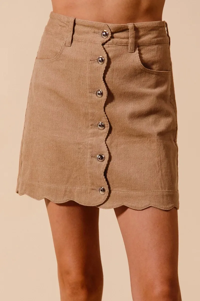 Taupe Scallop Buttoned Corduroy Mini Skirt