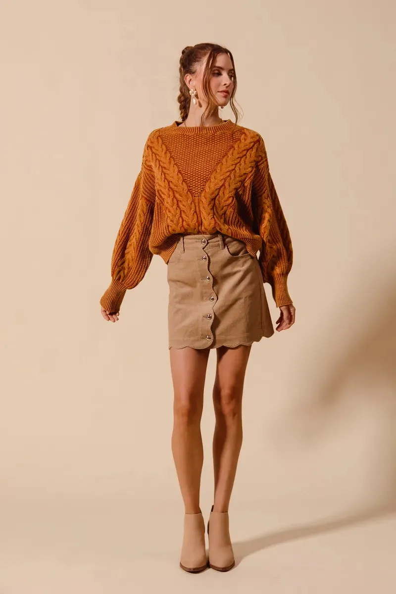 Taupe Scallop Buttoned Corduroy Mini Skirt