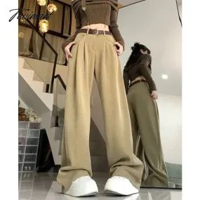 TAVIMART Vintage Corduroy Loose Casual Straight Pants Women Autumn New High Waist Solid Color All Match Wide Leg Pants with Belt