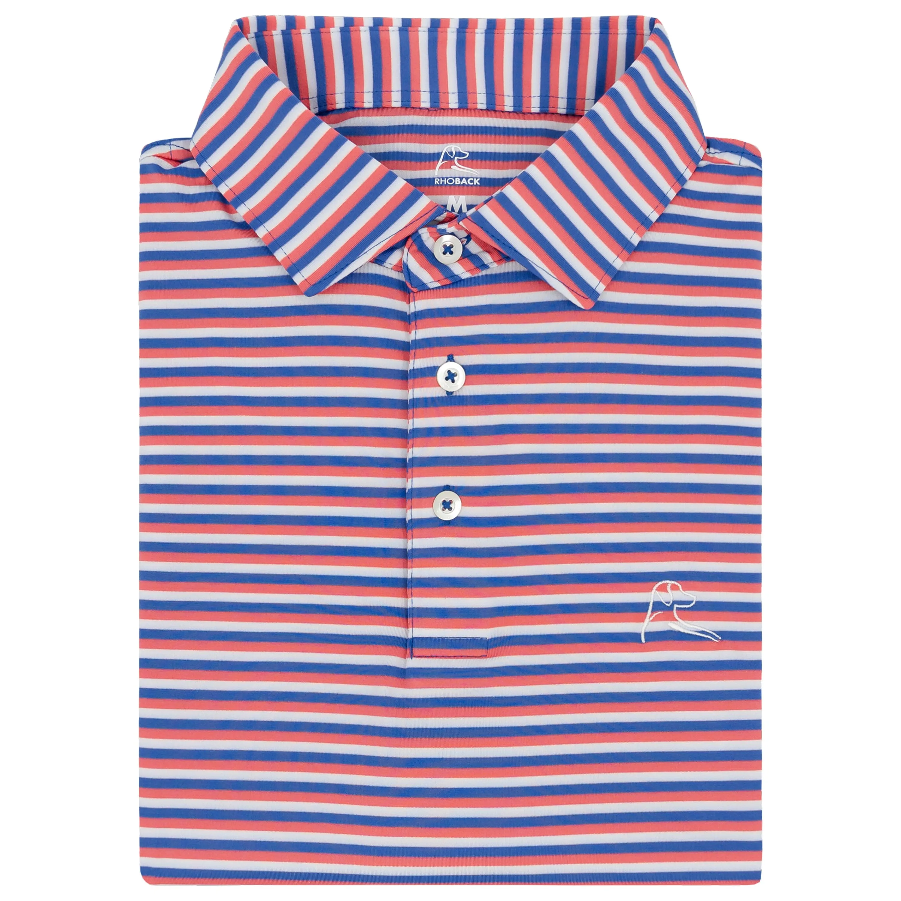 The Cabana Stripe | Performance Polo | The Cabana Stripe - Bunker Blue/Watermelon/White