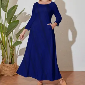 Women's Plus Size Loose Crew Neck Ankle Length Long Sleeve With Pockets Stripe Print Casual Fashion Dress - Navy Blue