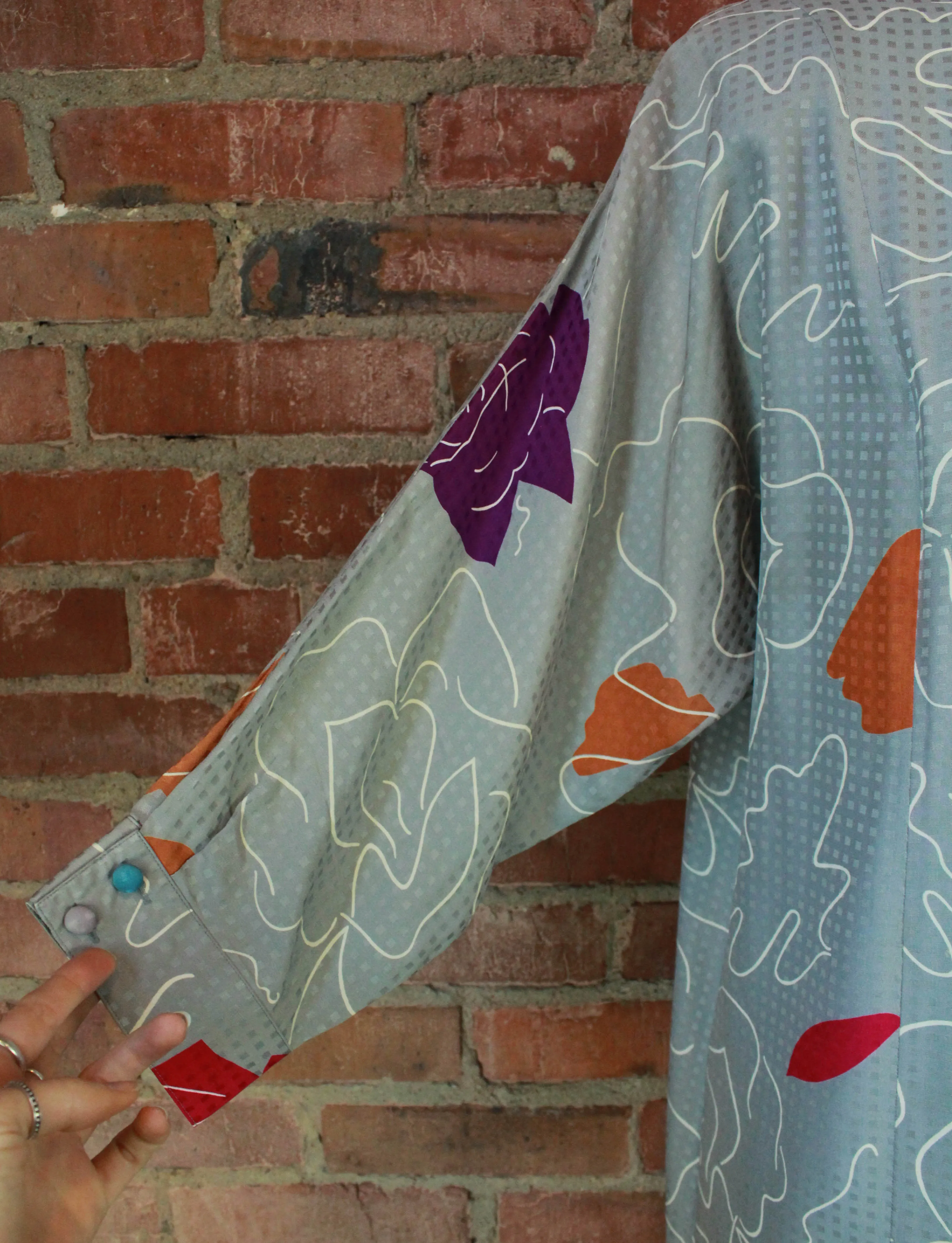 Women's Vintage 80's Grey Abstract Rose Midi Dress - S/M