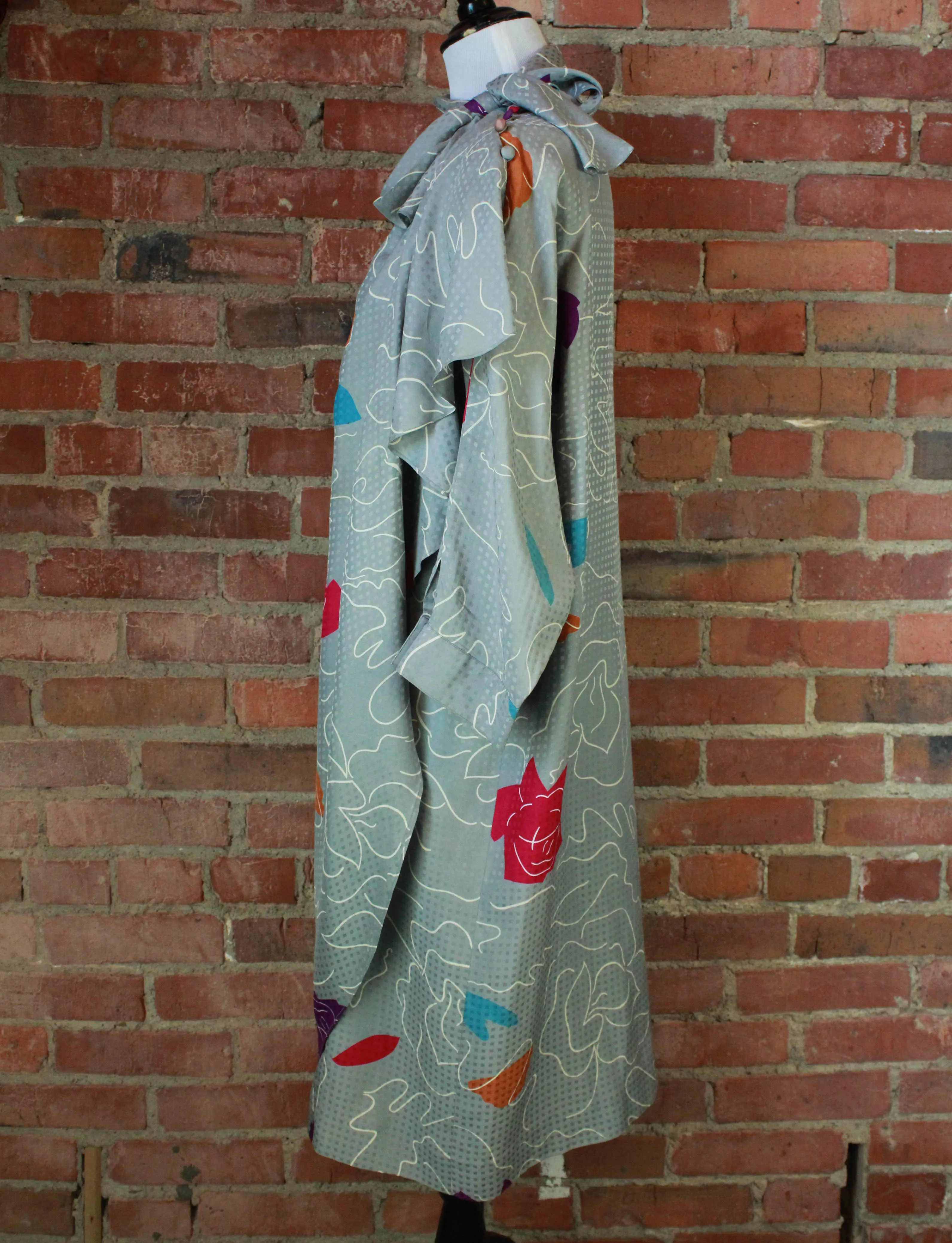 Women's Vintage 80's Grey Abstract Rose Midi Dress - S/M