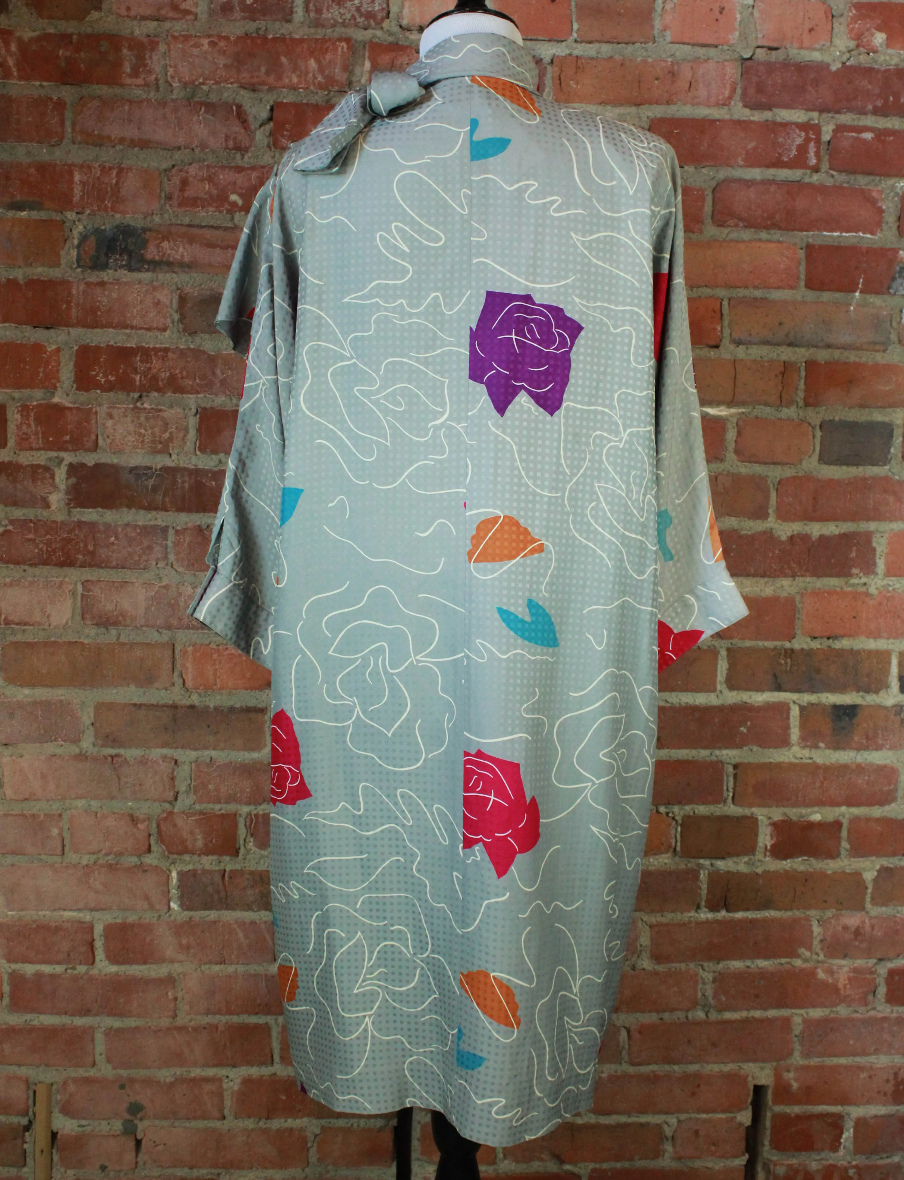 Women's Vintage 80's Grey Abstract Rose Midi Dress - S/M