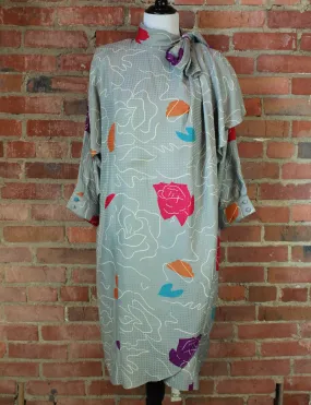 Women's Vintage 80's Grey Abstract Rose Midi Dress - S/M
